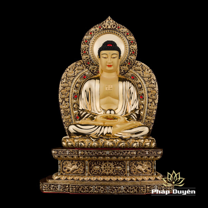 Bộ Tượng Hoa Nghiêm Tam Thánh Bằng Đồng Dát Vàng, Cao 48cm (Tổng Lá Đề Cao 56cm) - Ảnh 2