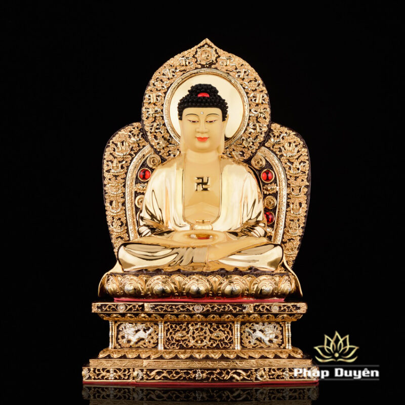 Bộ Tượng Hoa Nghiêm Tam Thánh Bằng Đồng Dát Vàng, Cao 27cm (Tổng Lá Đề Cao 31cm) - Ảnh 2