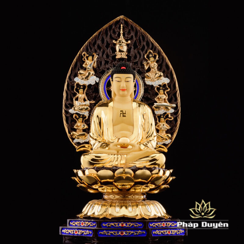 Bộ Tượng Hoa Nghiêm Tam Thánh Bằng Đồng Dát Vàng, Cao 52cm (Tổng Lá Đề Cao 68cm) - Ảnh 2