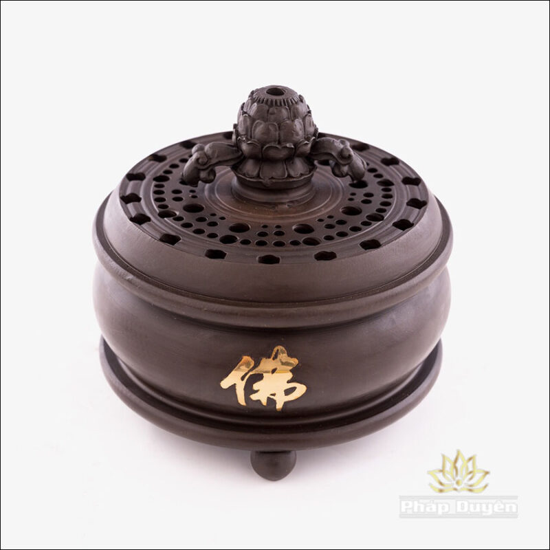 Lư trầm Bằng Đồng Màu Đất Nung, Chữ Phật Dát Vàng, Kích Thước 10cm x 11cm, Trọng Lượng 1.5Kg - Ảnh 2