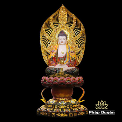 Alternative view of Bộ Tượng Tây Phương Tam Thánh Ngồi Đài Sen Đế Bát Giác, Bằng Đồng Dát Vàng, Cao 128cm (Tổng Lá Đề 175cm)