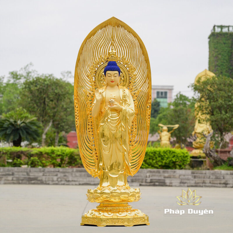Bộ Tượng Tây Phương Tam Thánh Bằng Đồng Dát Vàng Cao 142cm (Tổng Lá Đề 200cm) - Ảnh 2