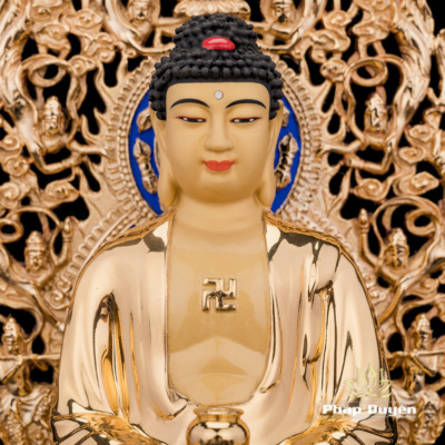 Alternative view of Tượng Bổn Sư Thích Ca Bằng Đồng Dát Vàng Có Lá Đề, Cao 33cm (Tổng Lá Đề 40cm)