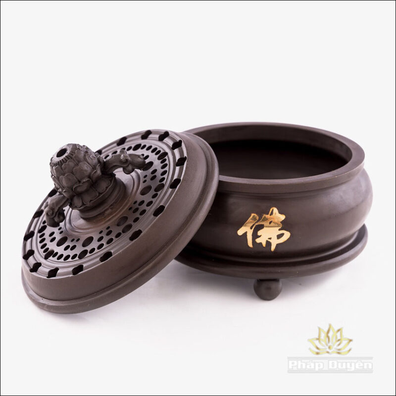 Lư trầm Bằng Đồng Màu Đất Nung, Chữ Phật Dát Vàng, Kích Thước 10cm x 11cm, Trọng Lượng 1.5Kg - Ảnh 3