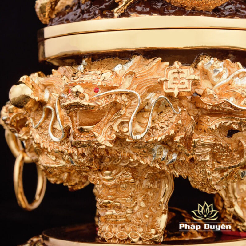 Lư Trầm Lưỡng Long Tranh Châu, Bằng Đồng Dát Vàng, Kích Thước 19.5cm x 19.5cm x 18cm, Trọng Lượng 4kg - Ảnh 3