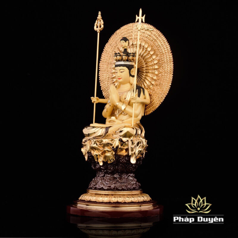 Tượng Thiên Thủ Thiên Nhãn Ngồi Mây Đế Tròn Bằng Đồng Dát Vàng, Kích Thước 20cm x 20cm x 36cm (Tổng Lá Đề 40cm) - Ảnh 3