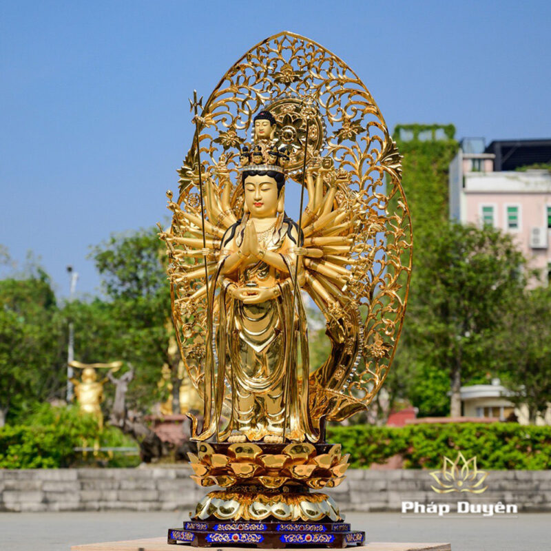 Tượng Thiên Thủ Thiên Nhãn Đứng Đài Sen Đế Bát Giác Bằng Đồng Dát Vàng, Kích Thước 58cm x 58cm x 140cm (Tổng Lá Đề 162cm) - Ảnh 3