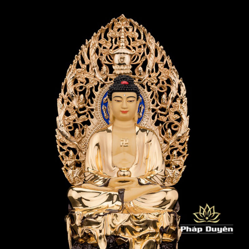 Bộ Tượng Hoa Nghiêm Tam Thánh Bằng Đồng Dát Vàng, Cao 33cm (Tổng Lá Đề Cao 40cm) - Ảnh 4