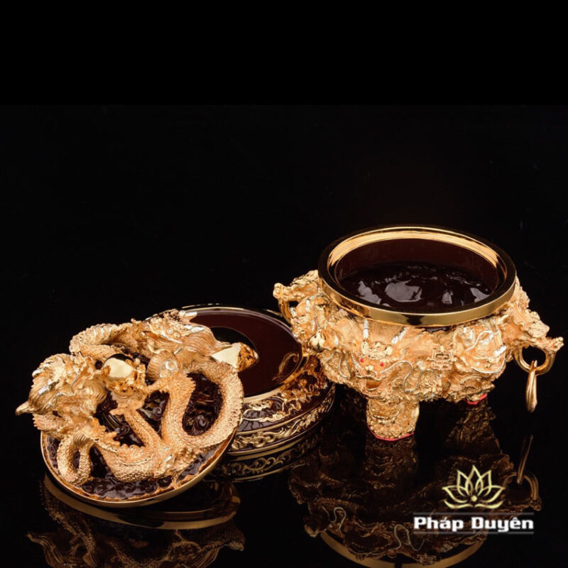 Lư Trầm Lưỡng Long Tranh Châu, Bằng Đồng Dát Vàng, Kích Thước 19.5cm x 19.5cm x 18cm, Trọng Lượng 4kg - Ảnh 4