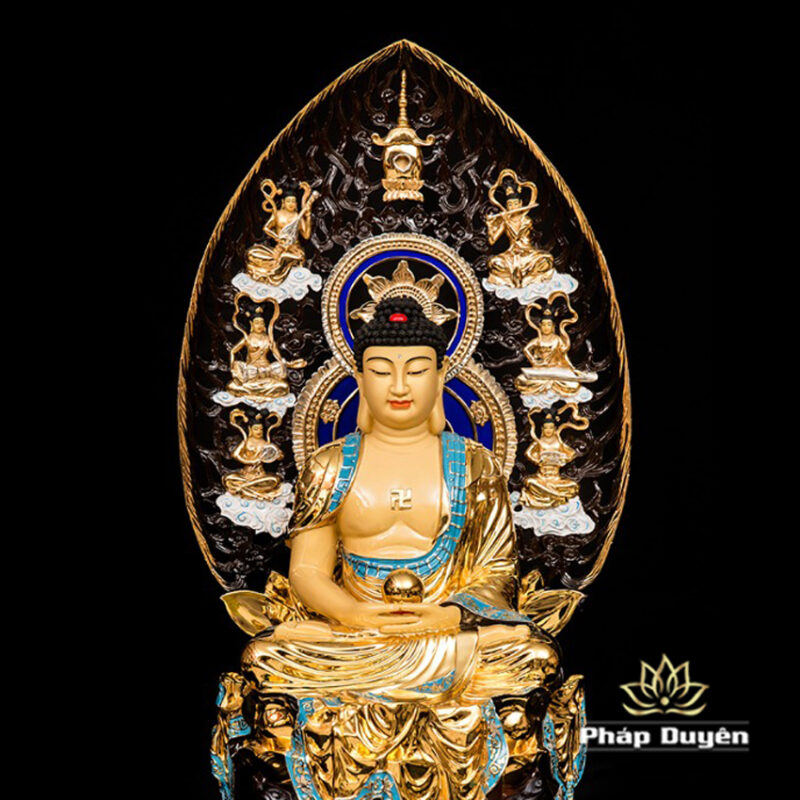 Bộ Tượng Hoa Nghiêm Tam Thánh Bằng Đồng Dát Vàng, Cao 68cm (Tổng Lá Đề 90cm) - Ảnh 5