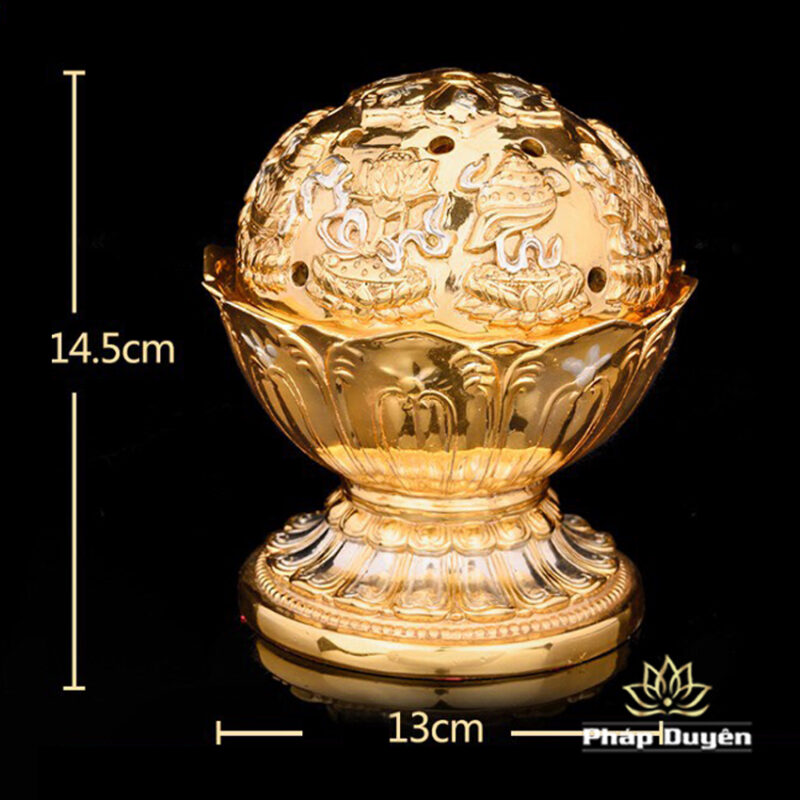 Lư Trầm Tám Cát Tường Bằng Đồng Dát Vàng, Kích Thước 13cm x 14.5cm, Trọng Lượng 3,2kg - Ảnh 5