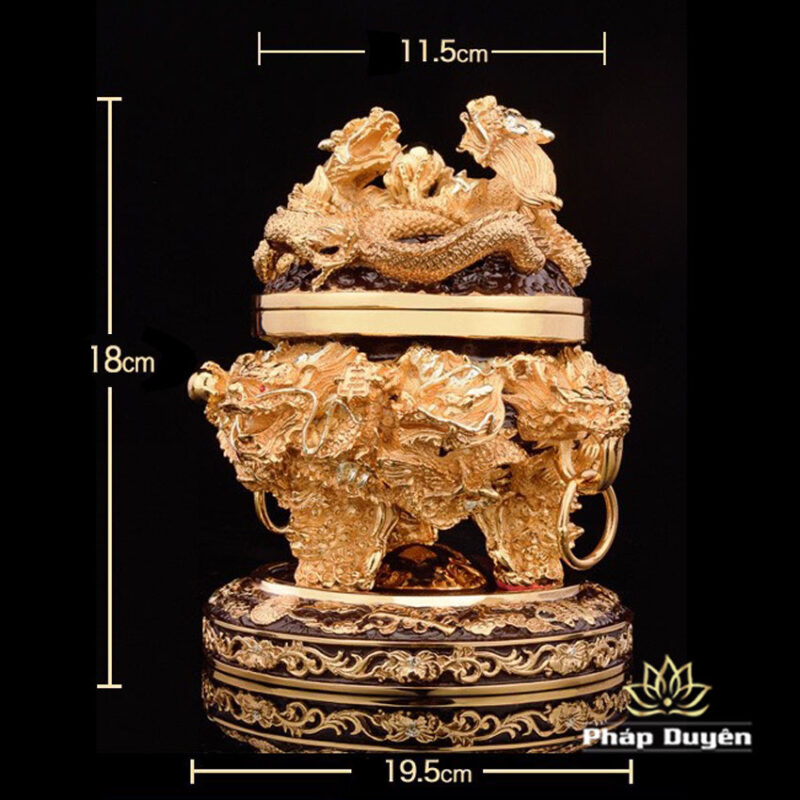 Lư Trầm Lưỡng Long Tranh Châu, Bằng Đồng Dát Vàng, Kích Thước 19.5cm x 19.5cm x 18cm, Trọng Lượng 4kg - Ảnh 5