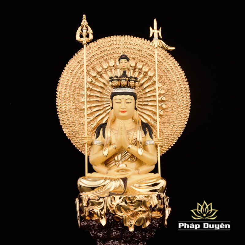 Tượng Thiên Thủ Thiên Nhãn Ngồi Mây Đế Tròn Bằng Đồng Dát Vàng, Kích Thước 20cm x 20cm x 36cm (Tổng Lá Đề 40cm) - Ảnh 5