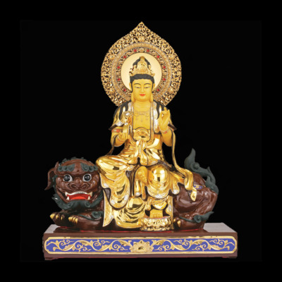 Tượng Văn Thù Bồ Tát Bằng Đồng Dát Vàng Cao 88cm ( Tổng Lá Đề 106cm)