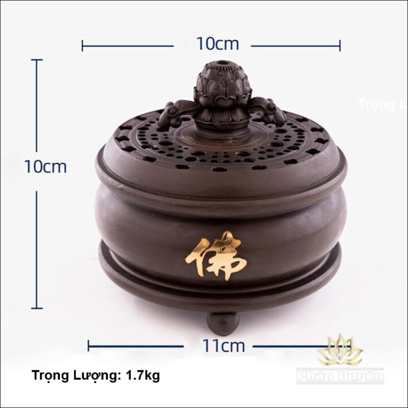 Lư trầm Bằng Đồng Màu Đất Nung, Chữ Phật Dát Vàng, Kích Thước 10cm x 11cm, Trọng Lượng 1.5Kg - Ảnh 6