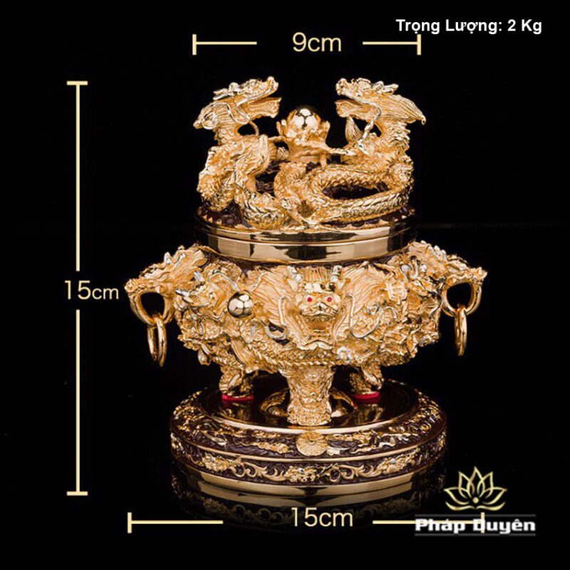 Lư Trầm Lưỡng Long Tranh Châu, Bằng Đồng Dát Vàng, Kích Thước 15x15x15cm, Trọng Lượng 2,5kg - Ảnh 5