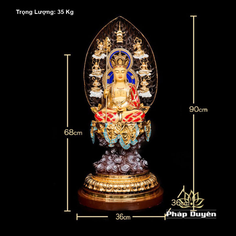 Tượng Địa Tạng Bồ Tát Ngồi Mây Đế Tròn Bằng Đồng Dát Vàng, Kích Thước 36cm x 36cm x 68cm (Tổng Lá Đề 90cm), Trọng Lượng 35kg - Ảnh 6