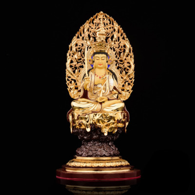 Tượng Văn Thù Bồ Tát Bằng Đồng Dát Vàng cao 33cm ( Tổng Lá Đề 40cm)