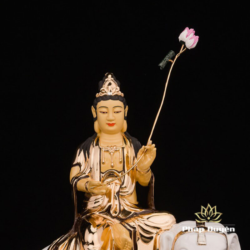 Bộ Tượng Hoa Nghiêm Tam Thánh Bằng Đồng Dát Vàng, Cao 27cm (Tổng Lá Đề Cao 31cm) - Ảnh 7