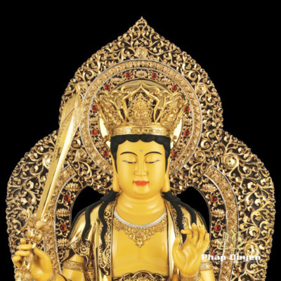 Alternative view of Tượng Văn Thù Bồ Tát Bằng Đồng Dát Vàng cao 88cm ( Tổng Lá Đề 106cm)
