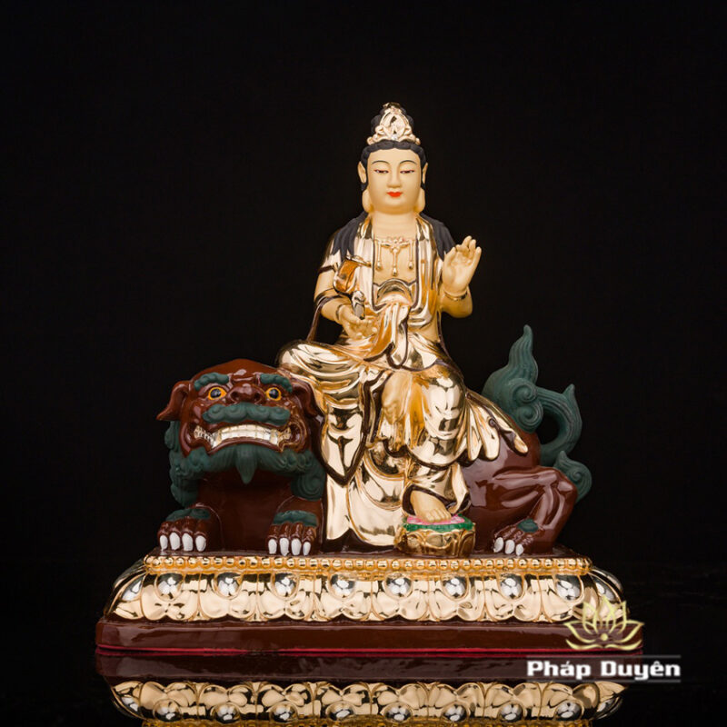 Bộ Tượng Hoa Nghiêm Tam Thánh Bằng Đồng Dát Vàng, Cao 27cm (Tổng Lá Đề Cao 31cm) - Ảnh 10