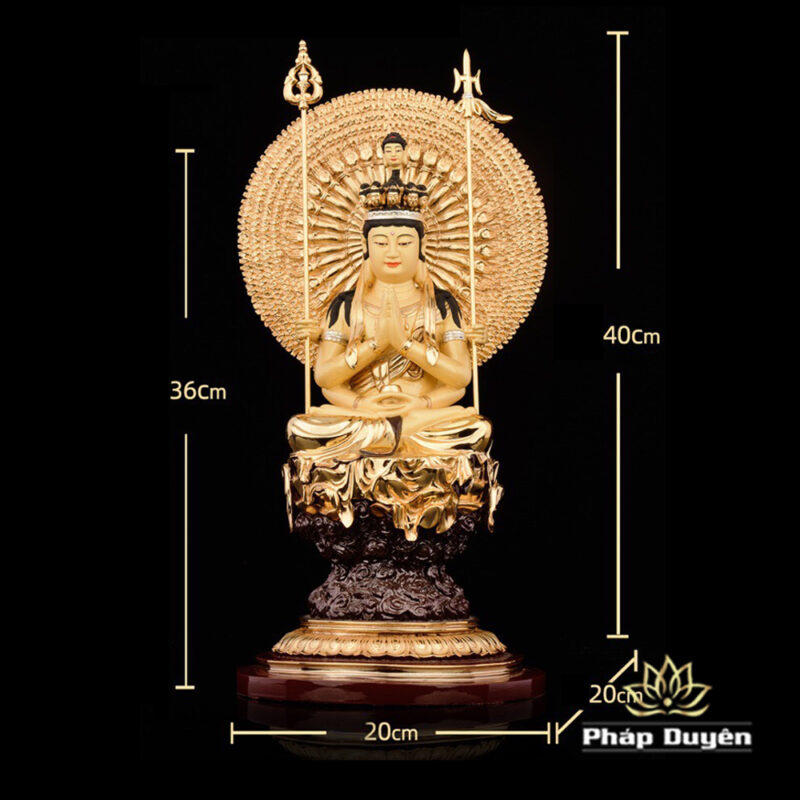 Tượng Thiên Thủ Thiên Nhãn Ngồi Mây Đế Tròn Bằng Đồng Dát Vàng, Kích Thước 20cm x 20cm x 36cm (Tổng Lá Đề 40cm) - Ảnh 7