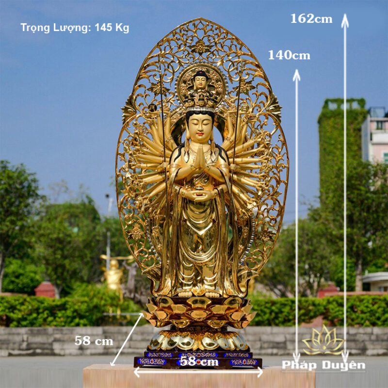Tượng Thiên Thủ Thiên Nhãn Đứng Đài Sen Đế Bát Giác Bằng Đồng Dát Vàng, Kích Thước 58cm x 58cm x 140cm (Tổng Lá Đề 162cm) - Ảnh 8