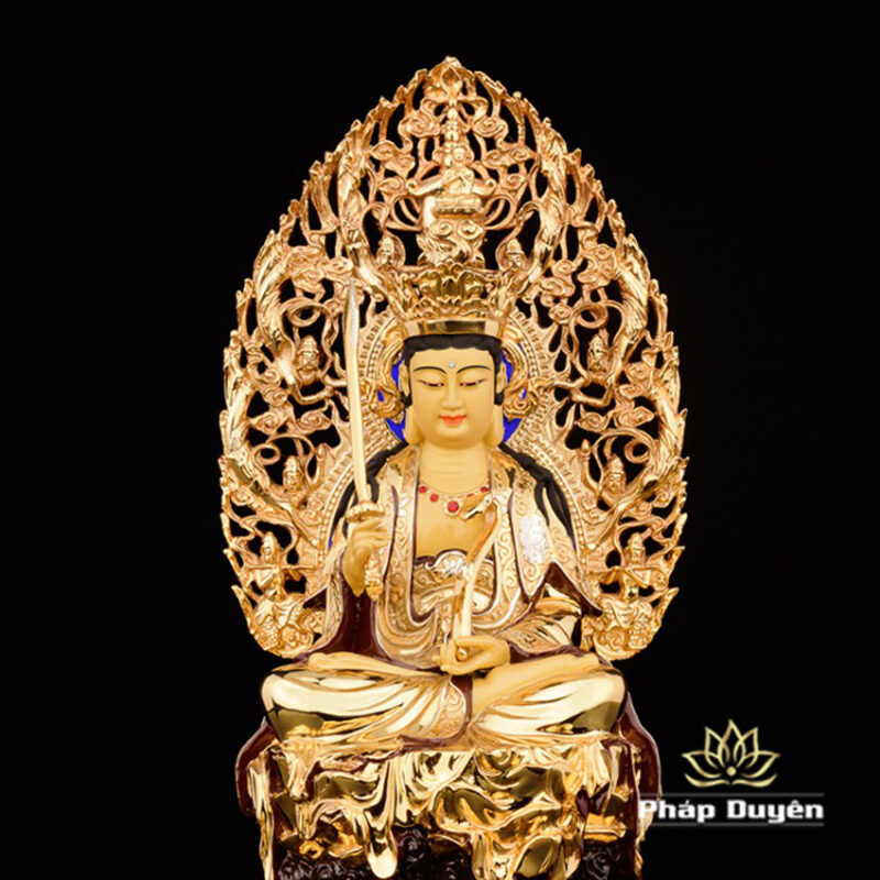 Tượng Văn Thù Bồ Tát Bằng Đồng Dát Vàng cao 33cm ( Tổng Lá Đề 40cm) - Ảnh 3