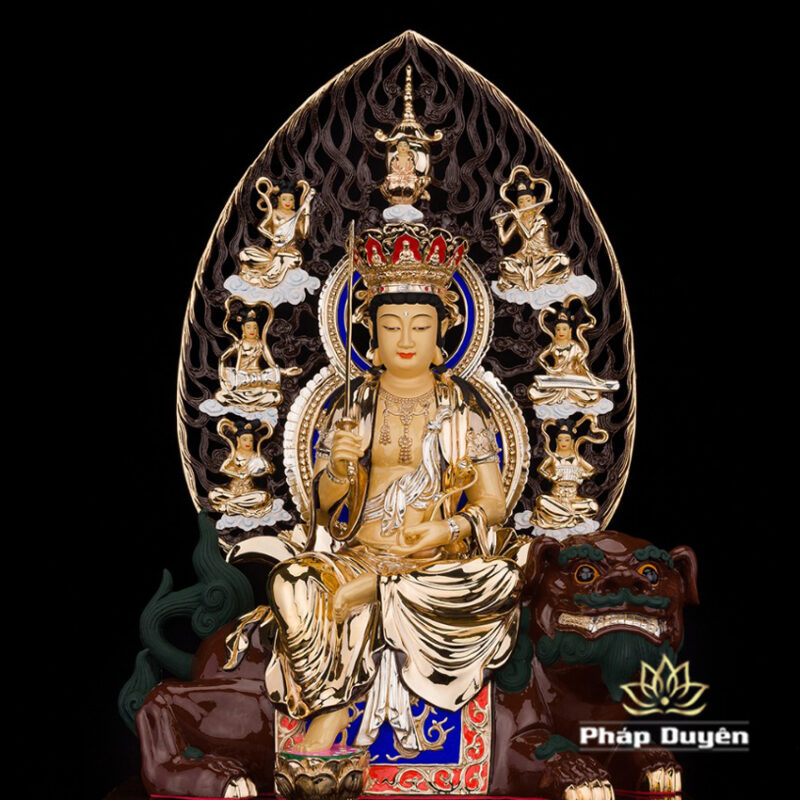 Bộ Tượng Hoa Nghiêm Tam Thánh Bằng Đồng Dát Vàng, Cao 52cm (Tổng Lá Đề Cao 68cm) - Ảnh 8