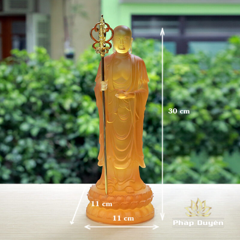 Tượng Địa Tạng Bồ Tát Bằng Lưu Ly Mầu Vàng, Cao 28cm - Ảnh 6