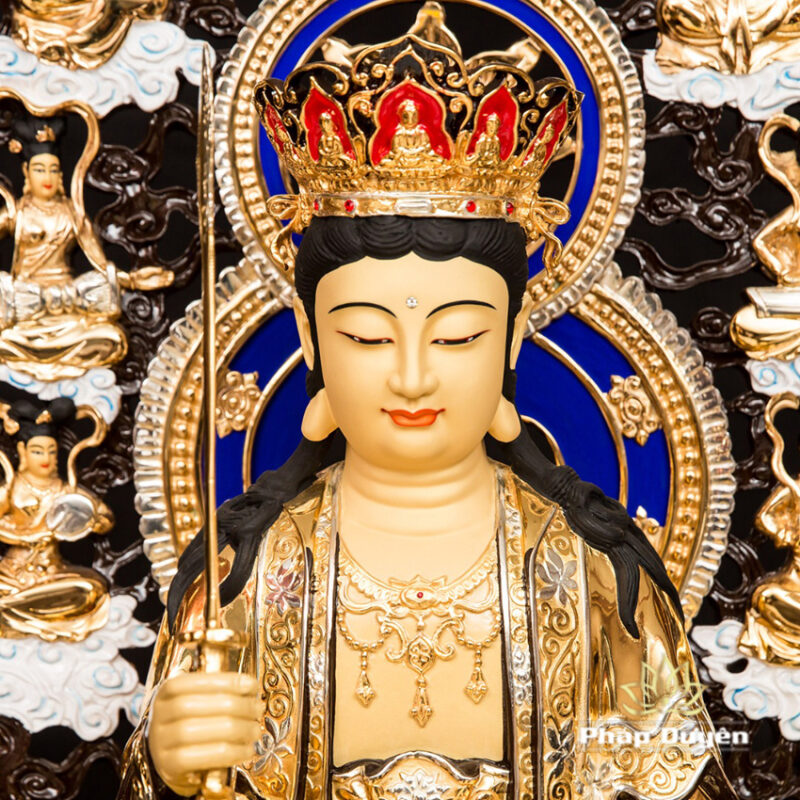 Bộ Tượng Hoa Nghiêm Tam Thánh Bằng Đồng Dát Vàng, Cao 68cm (Tổng Lá Đề 90cm) - Ảnh 9