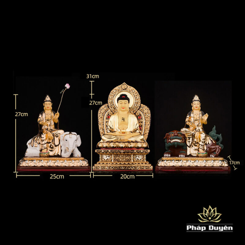 Bộ Tượng Hoa Nghiêm Tam Thánh Bằng Đồng Dát Vàng, Cao 27cm (Tổng Lá Đề Cao 31cm) - Ảnh 14