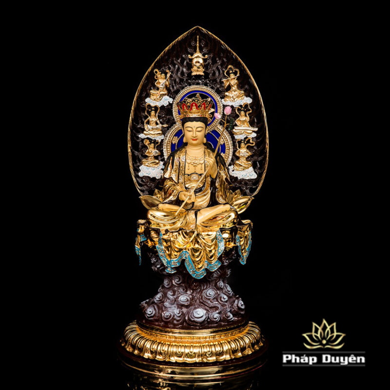 Bộ Tượng Hoa Nghiêm Tam Thánh Bằng Đồng Dát Vàng, Cao 68cm (Tổng Lá Đề 90cm) - Ảnh 12