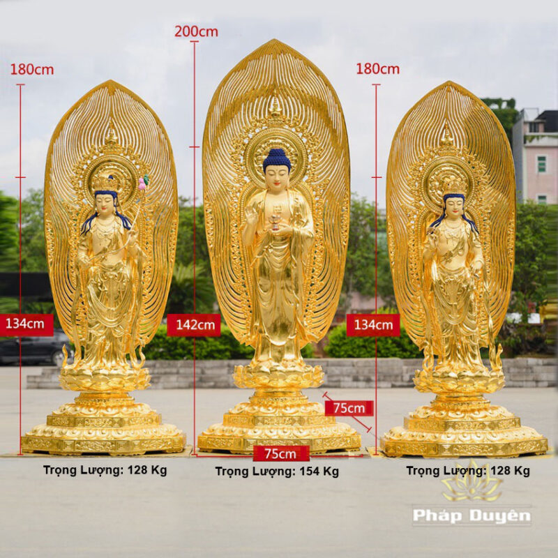 Bộ Tượng Tây Phương Tam Thánh Bằng Đồng Dát Vàng Cao 142cm (Tổng Lá Đề 200cm) - Ảnh 14