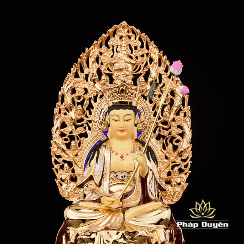 Bộ Tượng Hoa Nghiêm Tam Thánh Bằng Đồng Dát Vàng, Cao 33cm (Tổng Lá Đề Cao 40cm) - Ảnh 12