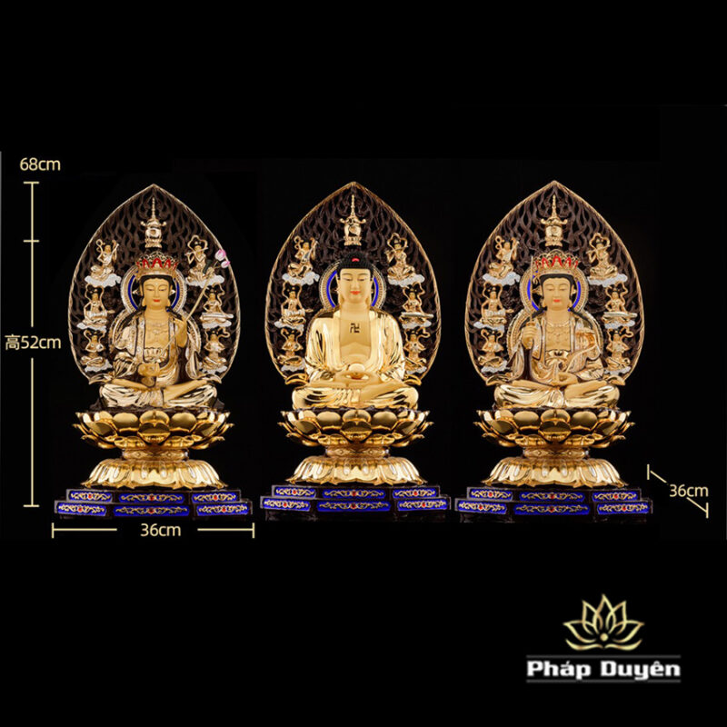 Bộ Tượng Hoa Nghiêm Tam Thánh Bằng Đồng Dát Vàng, Cao 52cm (Tổng Lá Đề Cao 68cm) - Ảnh 14