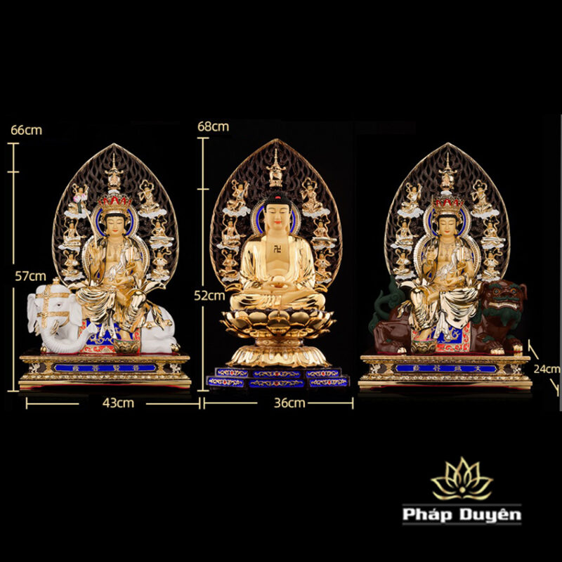 Bộ Tượng Hoa Nghiêm Tam Thánh Bằng Đồng Dát Vàng, Cao 52cm (Tổng Lá Đề Cao 68cm) - Ảnh 14