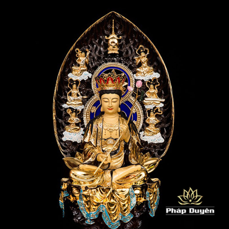 Bộ Tượng Hoa Nghiêm Tam Thánh Bằng Đồng Dát Vàng, Cao 68cm (Tổng Lá Đề 90cm) - Ảnh 15