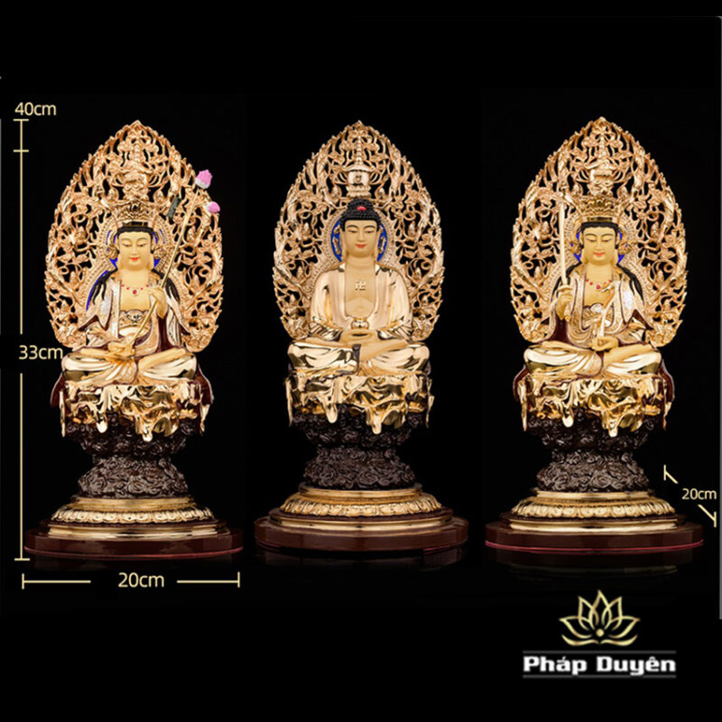 Bộ Tượng Hoa Nghiêm Tam Thánh Bằng Đồng Dát Vàng, Cao 33cm (Tổng Lá Đề Cao 40cm) - Ảnh 14