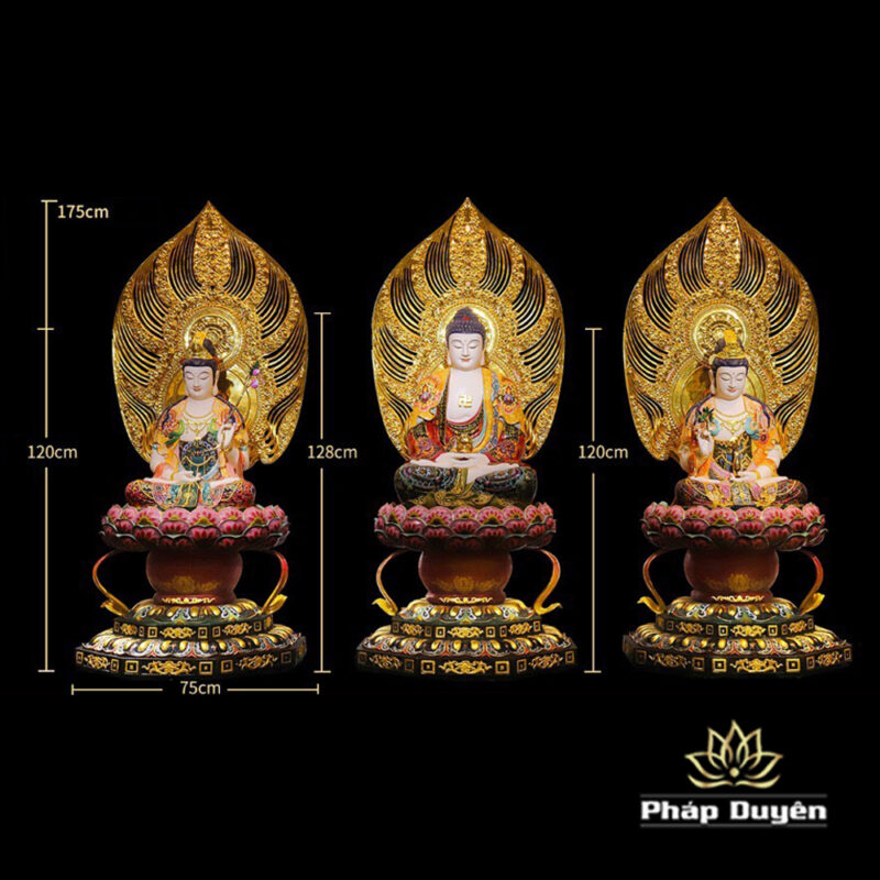 Bộ Tượng Tây Phương Tam Thánh Ngồi Đài Sen Đế Bát Giác, Bằng Đồng Dát Vàng, Cao 128cm (Tổng Lá Đề 175cm) - Ảnh 12