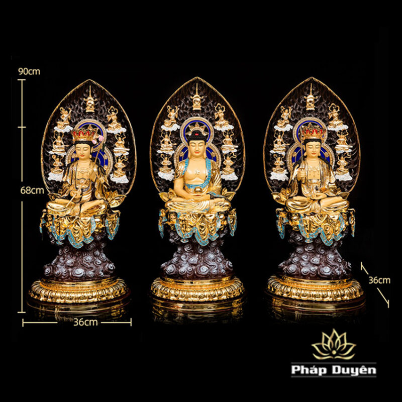 Bộ Tượng Hoa Nghiêm Tam Thánh Bằng Đồng Dát Vàng, Cao 68cm (Tổng Lá Đề 90cm) - Ảnh 17