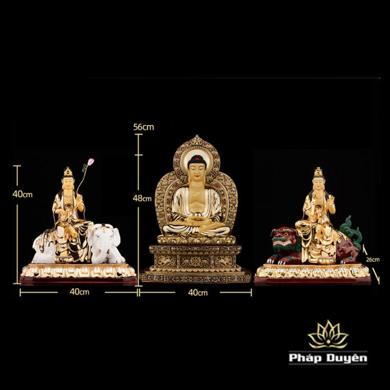 Bộ Tượng Hoa Nghiêm Tam Thánh Bằng Đồng Dát Vàng, Cao 48cm (Tổng Lá Đề Cao 56cm) - Ảnh 15