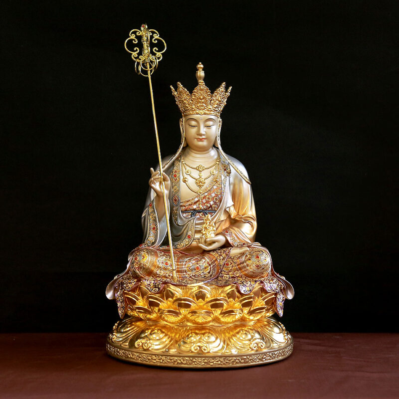 Tượng Bồ Tát Địa Tạng Ngồi Đài Sen Bằng Đồng Men Cổ Viền Vàng, Nhiều Kích Thước