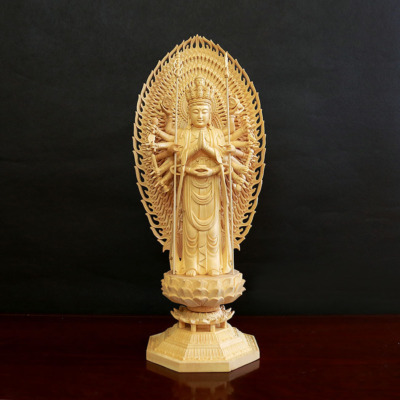 Tượng Bồ Tát Quan Âm Thiên Thủ Gỗ Bách, Có Lá Đề, Cao 43cm