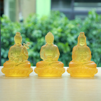 Bộ Tây Phương Tam Thánh Bằng Lưu Ly, Màu Vàng, Để Xe Hơi, Để Bàn Làm Việc, Cao 15cm