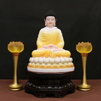 Tượng Phật Thích Ca Mâu Ni Ngồi Tĩnh Tâm Bằng Bột Đá Sơn Vàng Viền Hoa, Cao 40cm