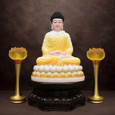 Tượng Phật Thích Ca Mâu Ni Ngồi Tĩnh Tâm Bằng Bột Đá Sơn Vàng Viền Hoa, Nhiều Kích Thước