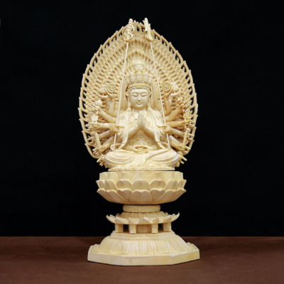 Tượng Đức Quán Âm Thiên Thủ, Gỗ Bách, Có Lá Đề, Cao 28cm