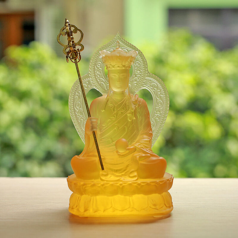 Tượng Địa Tạng Bồ Tát Bằng Lưu Ly Màu Vàng, Để Xe Hơi, Để Bàn Làm Việc, Cao 16cm
