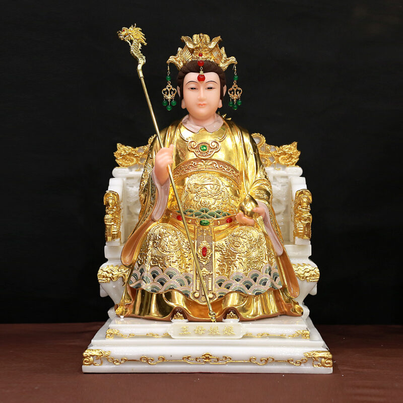 Tượng Vương Mẫu Nương Nương (Diêu Trì) Ngồi Ngai Rồng, Bằng Bột Đá Dát Vàng, Cao 48cm